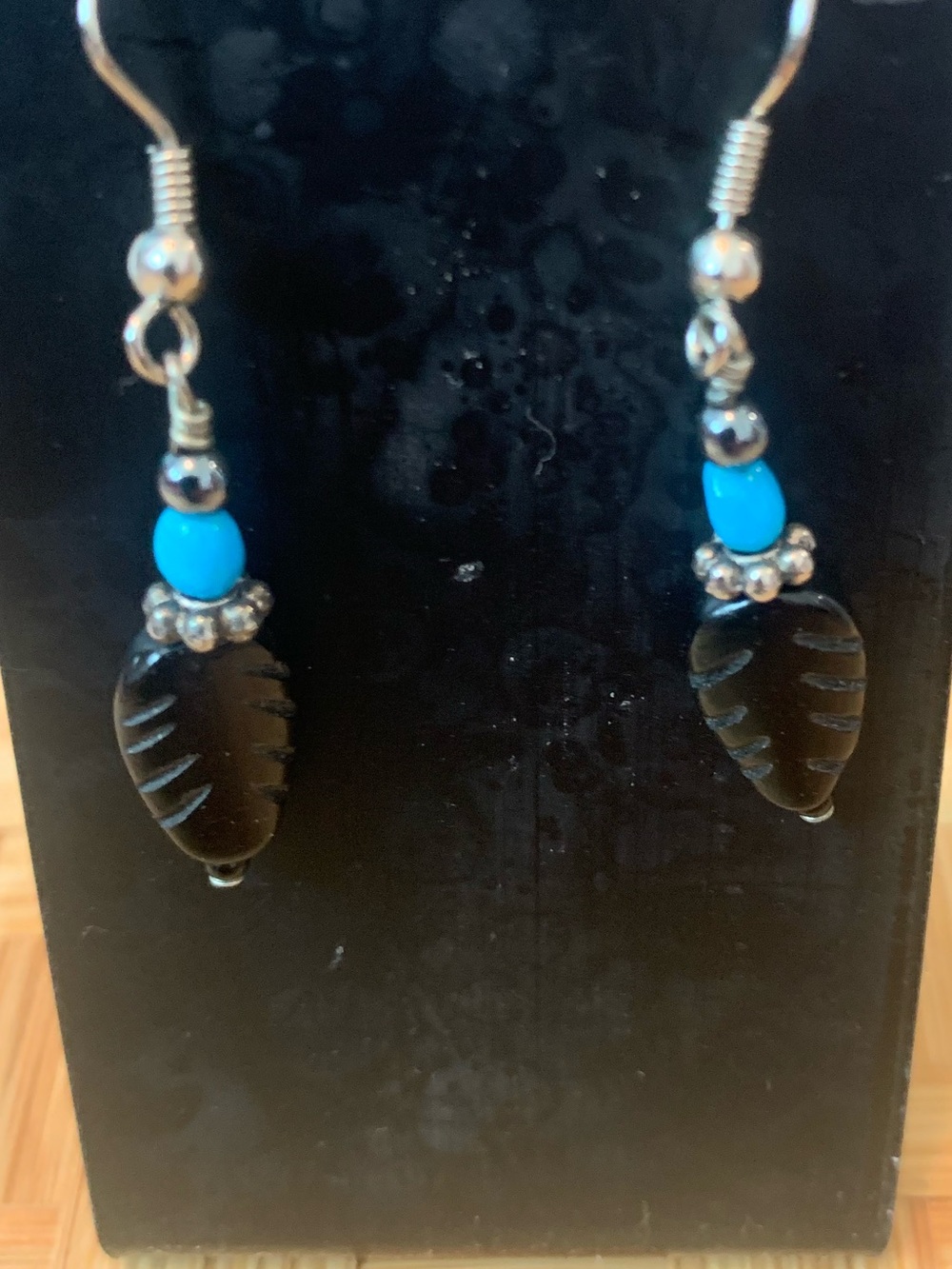 Handmade Turquoise & Black Leaf Drop Earrings